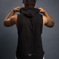 Men’s Black sleeveless workout hoodie, breathable athletic fabric, lightweight gym hoodie with slim fit