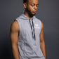 Men’s grey sleeveless gym hoodie with drawstring hood, slim athletic fit, breathable workout top