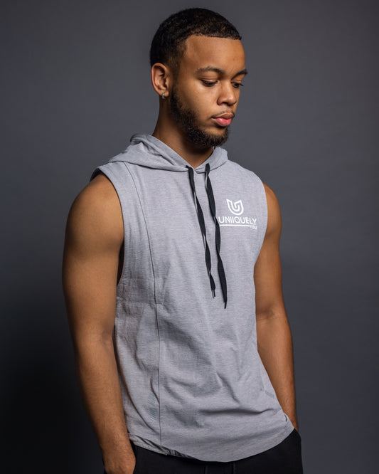 Men’s grey sleeveless gym hoodie with drawstring hood, slim athletic fit, breathable workout top