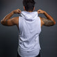 Men’s White sleeveless gym hoodie with drawstring hood, slim athletic fit, breathable workout top