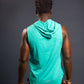 Men’s sky blue sleeveless workout hoodie, breathable athletic fabric, lightweight gym hoodie with slim fit