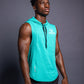 Men’s Green sleeveless workout hoodie, breathable athletic fabric, lightweight gym hoodie with slim fit