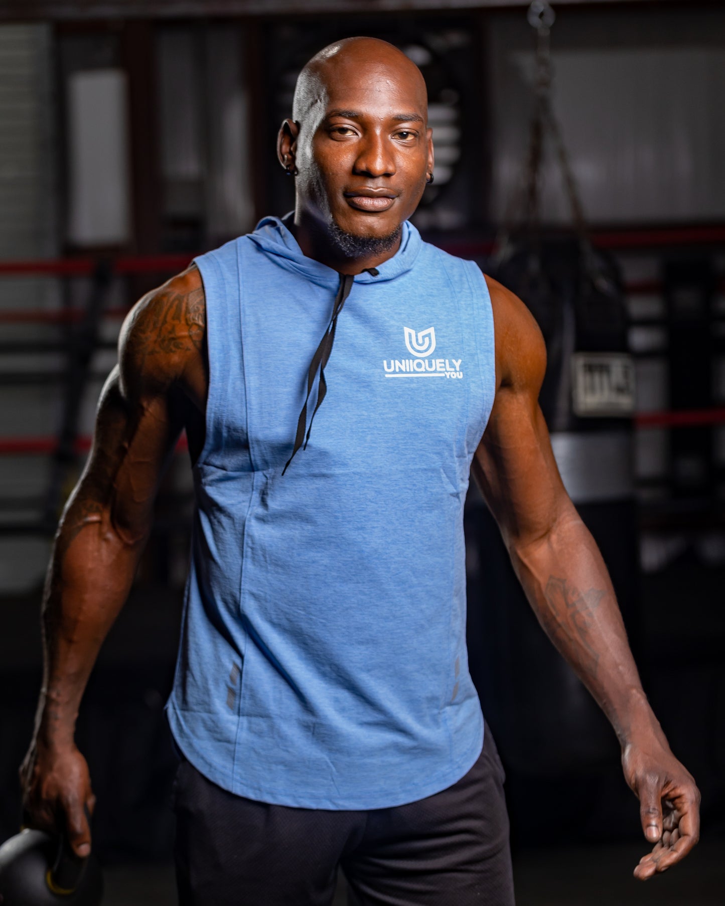 Men’s Sky Blue sleeveless gym hoodie with drawstring hood, slim athletic fit, breathable workout top