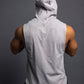 Men’s grey sleeveless gym hoodie with drawstring hood, slim athletic fit, breathable workout top