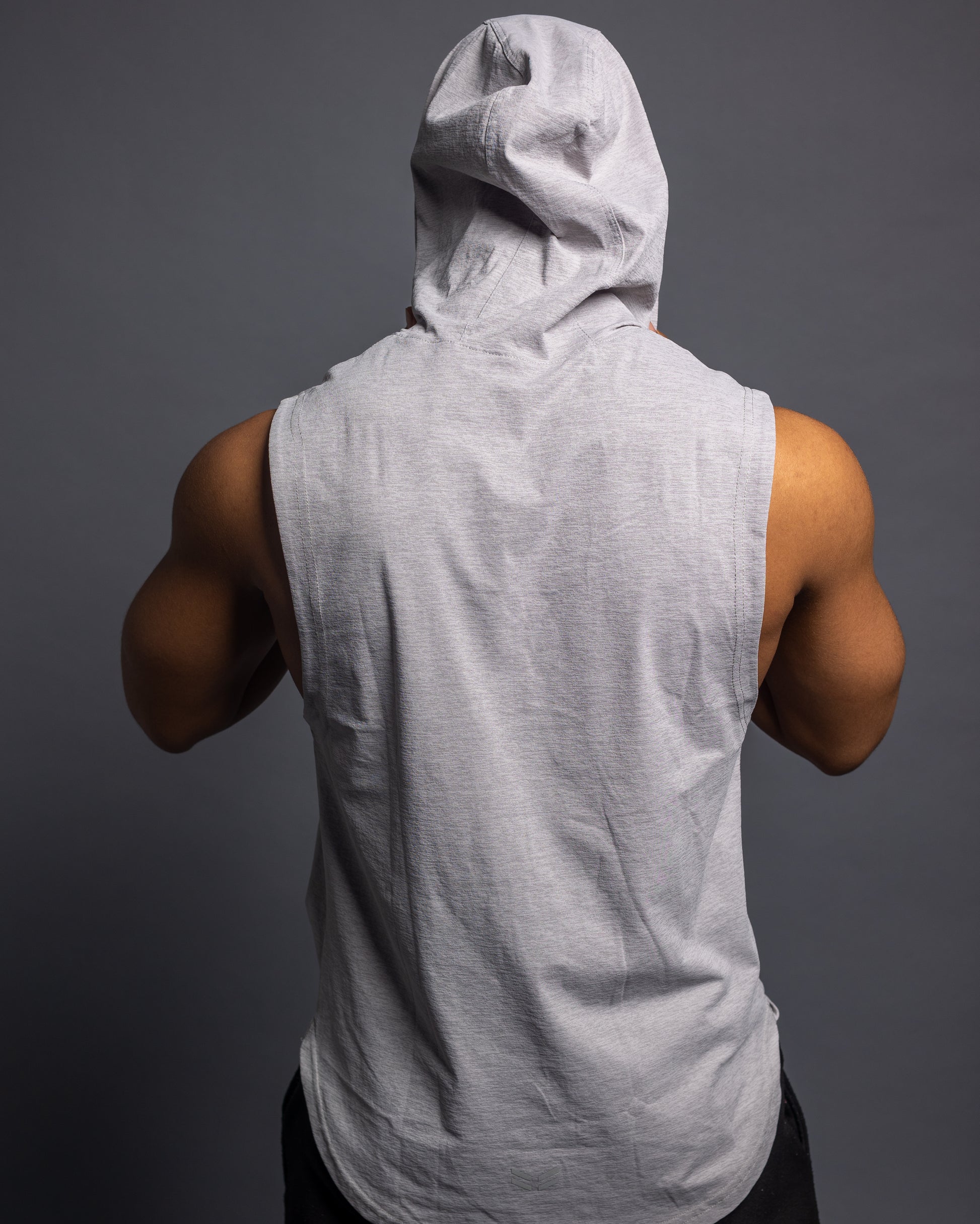 Men’s grey sleeveless gym hoodie with drawstring hood, slim athletic fit, breathable workout top