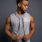Men’s grey sleeveless gym hoodie with drawstring hood, slim athletic fit, breathable workout top