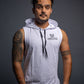 Men’s White sleeveless gym hoodie with drawstring hood, slim athletic fit, breathable workout top
