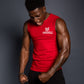 Men’s red sleeveless muscle shirt with Uniiquely You logo, lightweight fitness top, boxing and gym wear