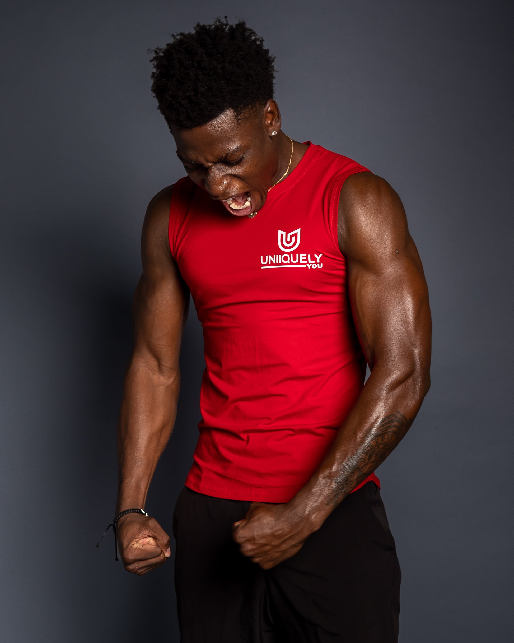Men’s red sleeveless muscle shirt with Uniiquely You logo, lightweight fitness top, boxing and gym wear