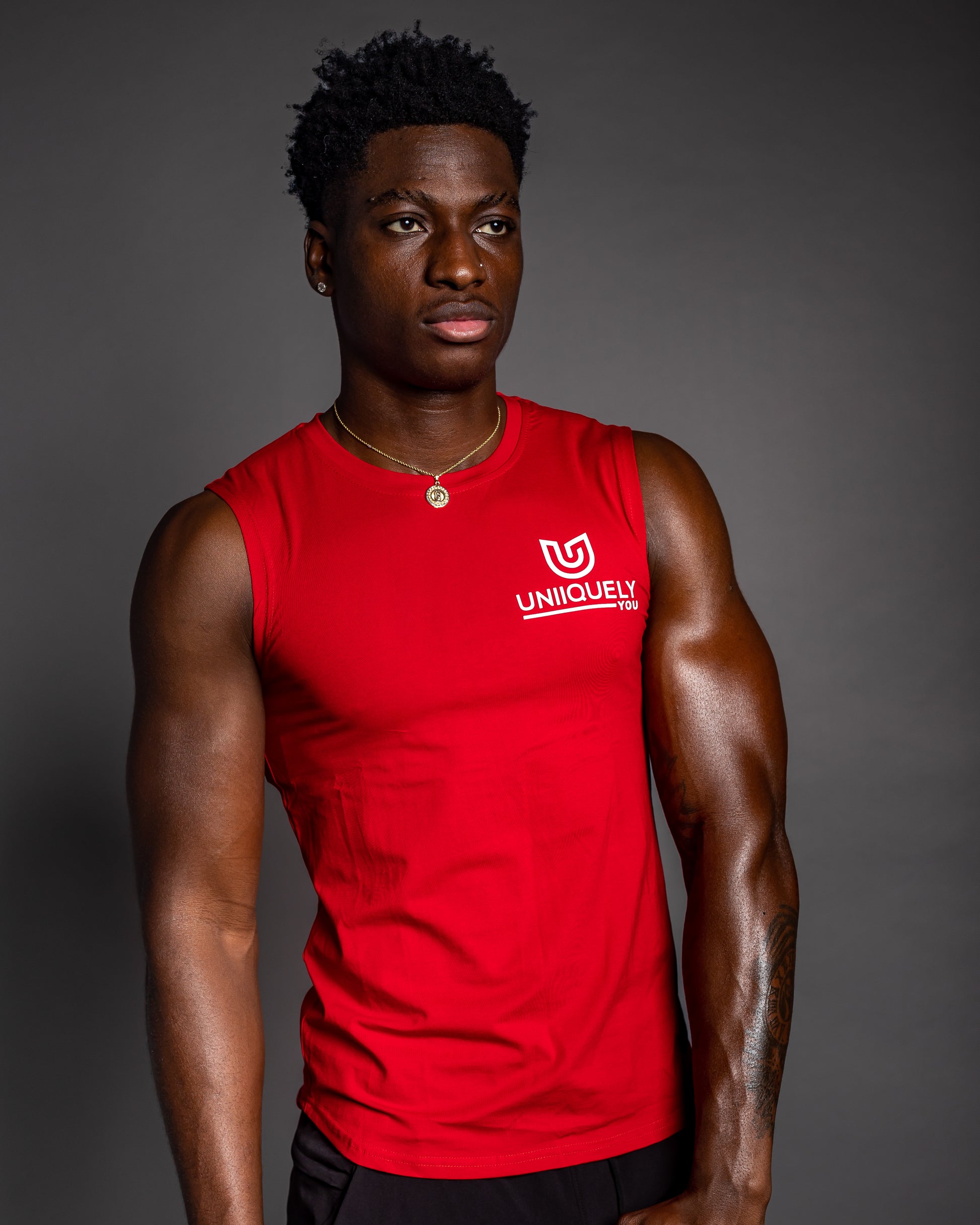 Men’s Red sleeveless muscle shirt with Uniiquely You logo, lightweight fitness top, boxing and gym wear
