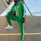 Men’s green tracksuit with white side stripes, athletic fit two-piece set with zip jacket and matching pants