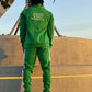 Men’s green tracksuit with white side stripes, athletic fit two-piece set with zip jacket and matching pants