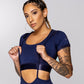 Women’s navy blue short sleeve cropped workout top, fitted athletic crop top with supportive stretch fabric and sleek design