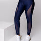 Women’s navy blue high-waisted leggings with sheer mesh side panels, fitted sculpting workout leggings, sleek athletic wear